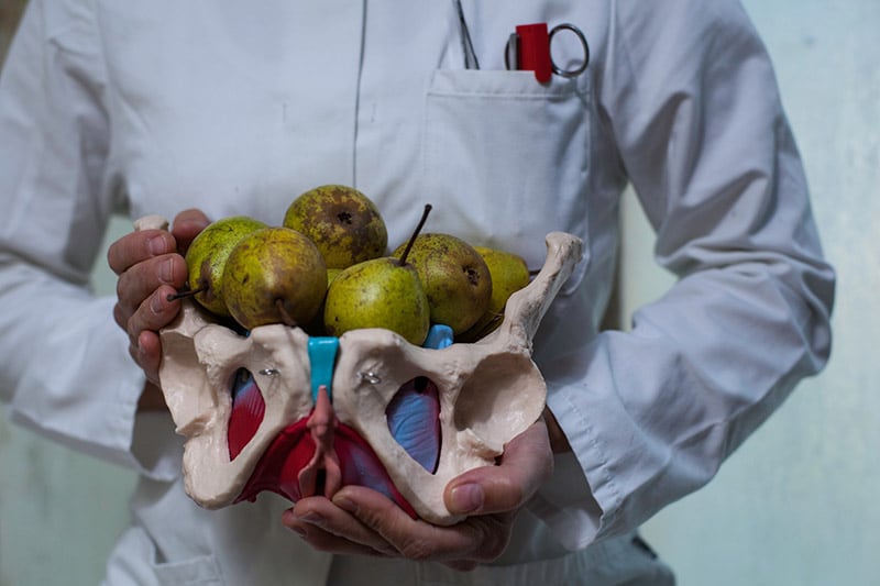 Eine Person, von der wir nur die Hände und den Oberkörper sehen, trägt einen weißen Kittel und hält in den Händen ein Modell eines menschlichen Kreuzbeins umfunktioniert als Obstschale. Darin befinden sich ganzen Birnen.