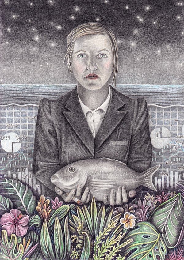 Pencil drawing, partially colored, of a young woman holding a fish in front of her, in her right hand she holds a smoldering cigarette. At the bottom of the picture are colorful flowers, in the background the sea with numbers and calculations.