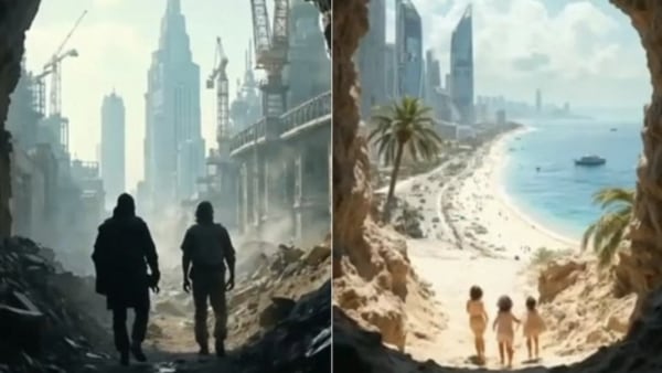 Two frames from the famous AI video about the Gaza Stripe as holiday resort. On the left side, the silhouette of two adults walking through rubbles, at the horizon construction sites. On the right three children walking towards a beach, at the horizon skyscrapers.