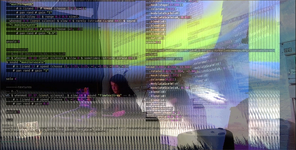 A colorful, layered image showing a person performing live coding. Lines of computer code in bright greens, purples, and blues overlay the scene, blending with abstract visuals. The performer sits at a laptop with a microphone, creating music and visuals in real time. The image captures the fusion of art, code, and performance.