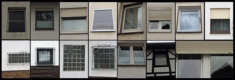 Bildcollage verschiedener Fenster in grau, schwarz und beige.