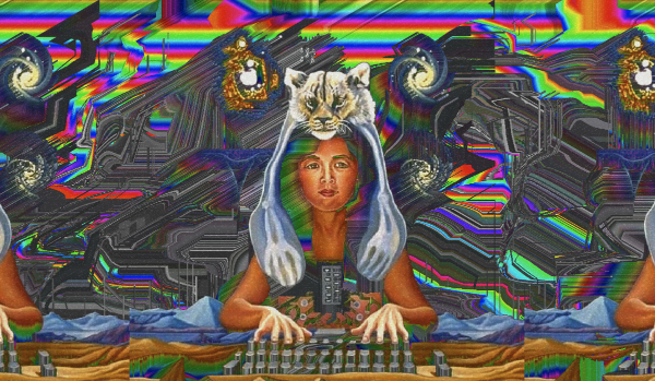 The image features a central figure blending human and animal traits: a woman's pixelated face merges seamlessly with a tiger perched on her head. Her hands rest on a DJ mixing console, transitioning into a desert landscape below. The abstract background is a chaotic mix of distorted colors akin to glitch art.